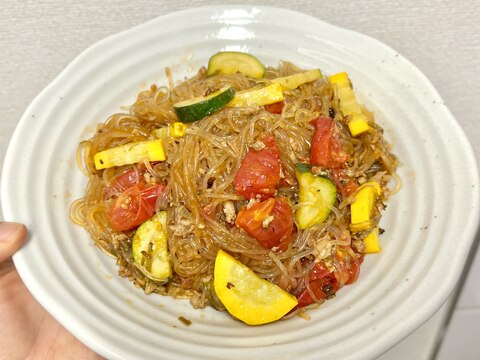 【夏野菜たっぷり】トマトとズッキーニの麻婆春雨